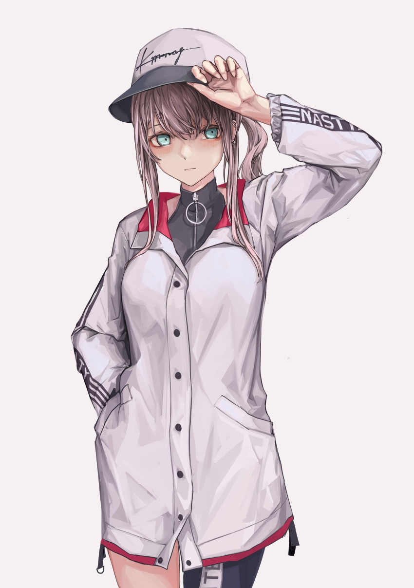 1girl absurdres aqua_eyes ar-57_(girls'_frontline) bangs blonde_hair blush breasts closed_mouth earrings eye_piercing eyebrows_visible_through_hair feet_out_of_frame girls_frontline hand_in_pocket hand_on_headwear highres jacket jewelry lithographica long_hair looking_at_viewer single_thighhigh solo standing thigh-highs white_background white_headwear white_jacket