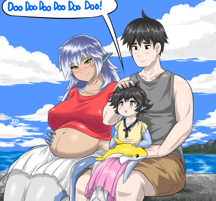 1boy 2girls :&gt; baby_shark black_eyes black_hair blue_skin blush breasts clouds cloudy_sky colored_skin earrings family fang father_and_daughter fish_tail green_eyes hand_on_another's_head headpat highres holding holding_toy hoop_earrings imperium jewelry kneeless_mermaid large_breasts mermaid monster_girl mother_and_daughter multiple_girls open_mouth original parent_and_child pier pink_skirt pregnant red_shirt scar scar_across_eye shark_girl shark_tail shirt short_hair shorts signature single_earring sitting sitting_on_lap sitting_on_person skirt sky smile stuffed_animal stuffed_shark stuffed_toy tail tank_top toy water white_skirt