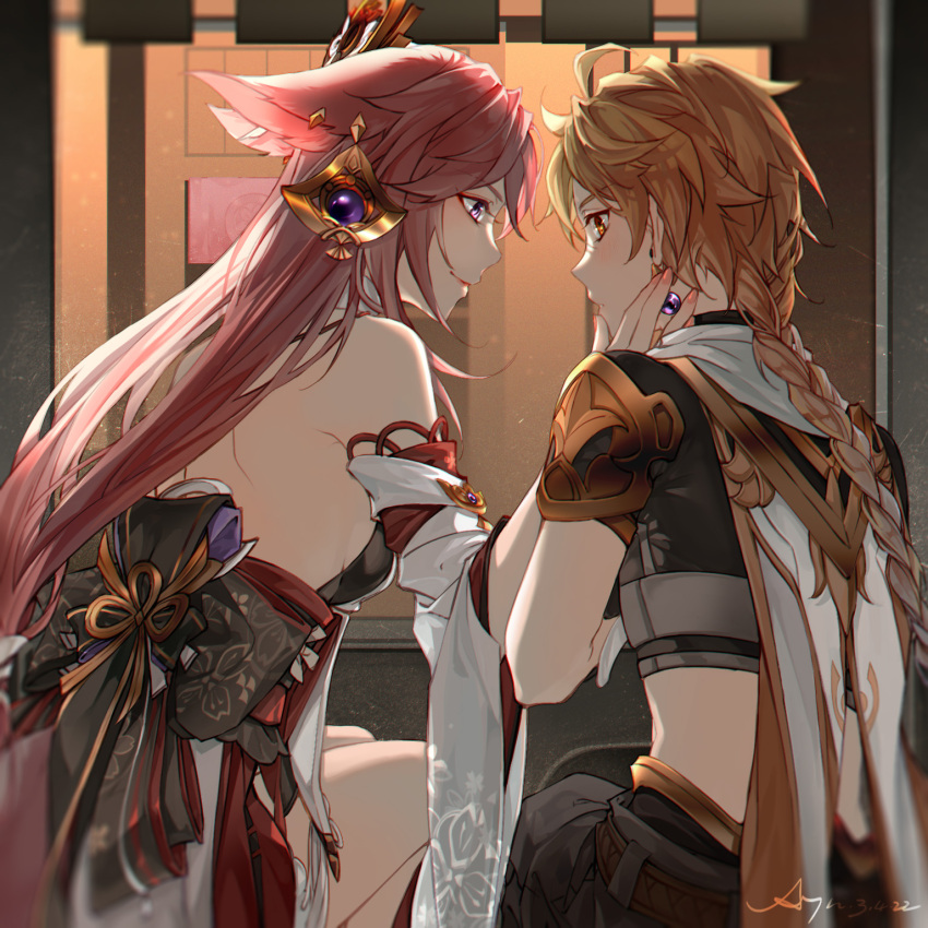 1boy 1girl aether_(genshin_impact) ahoge animal_ears back bare_shoulders blonde_hair braid braided_ponytail closed_mouth coattails crop_top detached_sleeves earrings floppy_ears fox_ears from_behind genshin_impact highres japanese_clothes jewelry kimono ljayu long_hair looking_at_another low-tied_long_hair miko pink_hair priestess single_braid single_earring sitting smile thighs violet_eyes vision_(genshin_impact) wide_sleeves yae_miko yellow_eyes