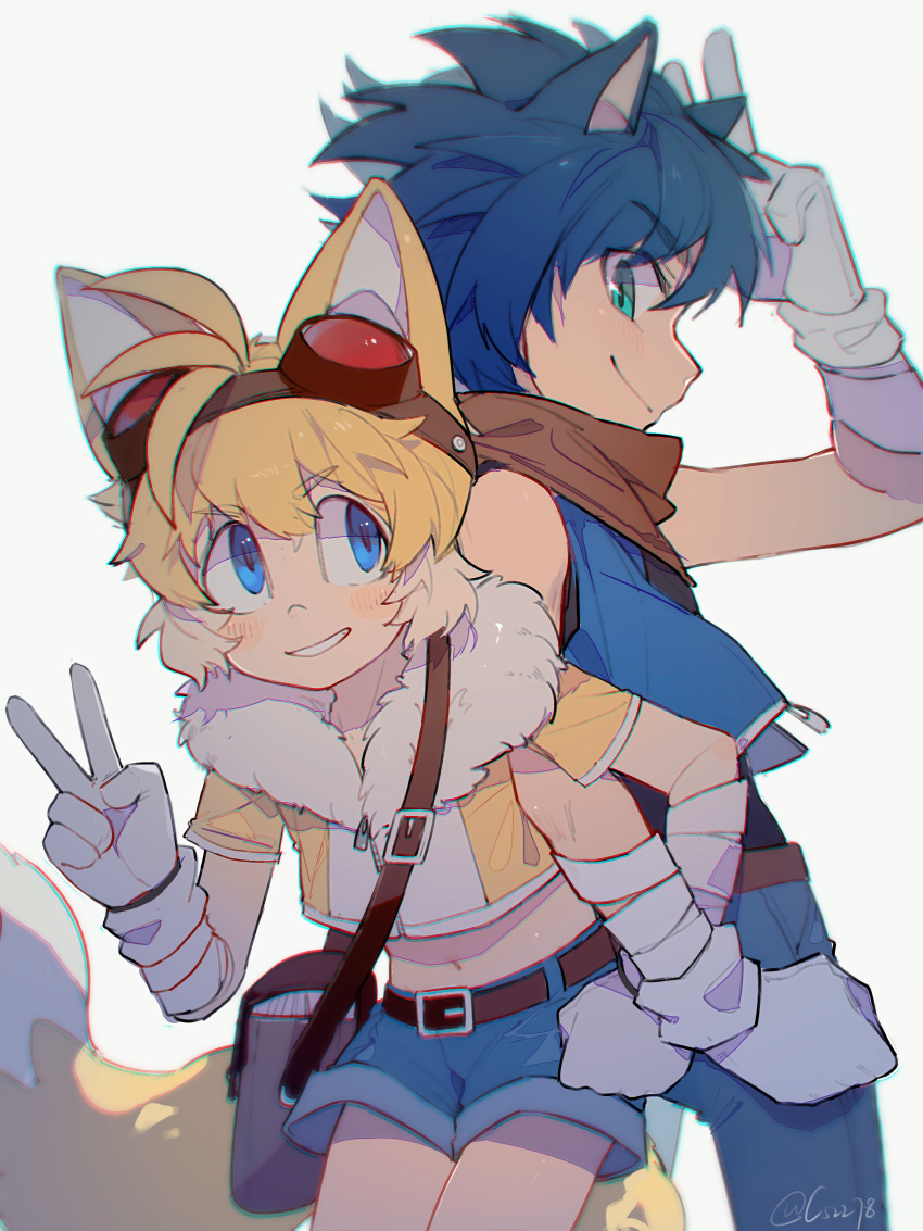 2boys absurdres animal_ears bag bandaged_arm bandages bare_shoulders belt belt_buckle black_shirt blonde_hair blue_eyes blue_hair blue_shorts buckle c52278 closed_mouth crop_top fox_ears fox_tail fur_trim gloves goggles goggles_on_head green_eyes grin handbag highres humanization locked_arms looking_at_another male_focus midriff multiple_boys navel shirt short_shorts short_sleeves shorts sideways_mouth sleeveless smile sonic_(series) sonic_boom_(game) sonic_the_hedgehog tail tails_(sonic) v vest white_gloves zipper zipper_pull_tab