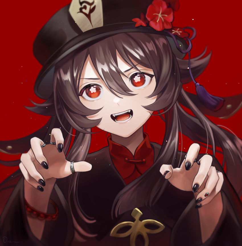 1girl :d absurdres black_headwear black_nails brown_hair chi_trinh floating_hair flower genshin_impact hat hat_flower head_tilt highres hu_tao_(genshin_impact) jewelry long_hair looking_at_viewer nail_polish open_mouth red_background red_eyes red_flower ring shiny shiny_hair smile solo symbol-shaped_pupils upper_body