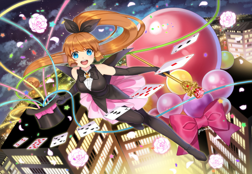 1girl balloon black_gloves black_legwear blue_eyes bow briska card clouds elbow_gloves flower gloves hair_bow haneoka_meimi hat holding holding_wand kaitou_saint_tail long_hair looking_at_viewer magical_girl open_mouth orange_hair pantyhose playing_card ponytail ribbon rose saint_tail skirt sky smile solo star_(sky) starry_sky top_hat wand