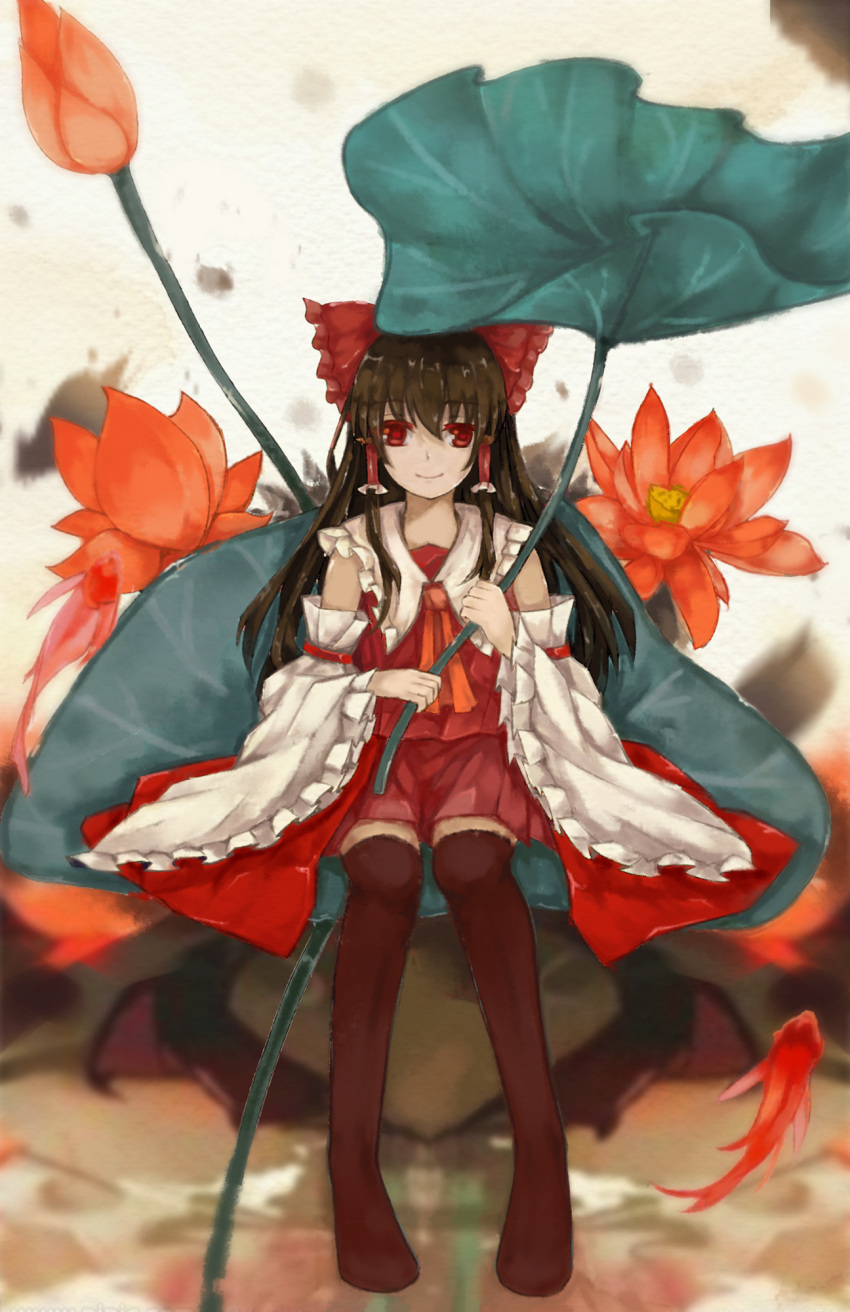 1girl armband ascot bow brown_hair brown_legwear commentary_request dead_line detached_sleeves fish flower frilled_shirt_collar frilled_sleeves frills hair_bow hair_tubes hakurei_reimu highres long_hair looking_at_viewer lotus minigirl no_shoes photoshop_(medium) red_eyes red_skirt revision sitting skirt smile solo thigh-highs touhou water wide_sleeves