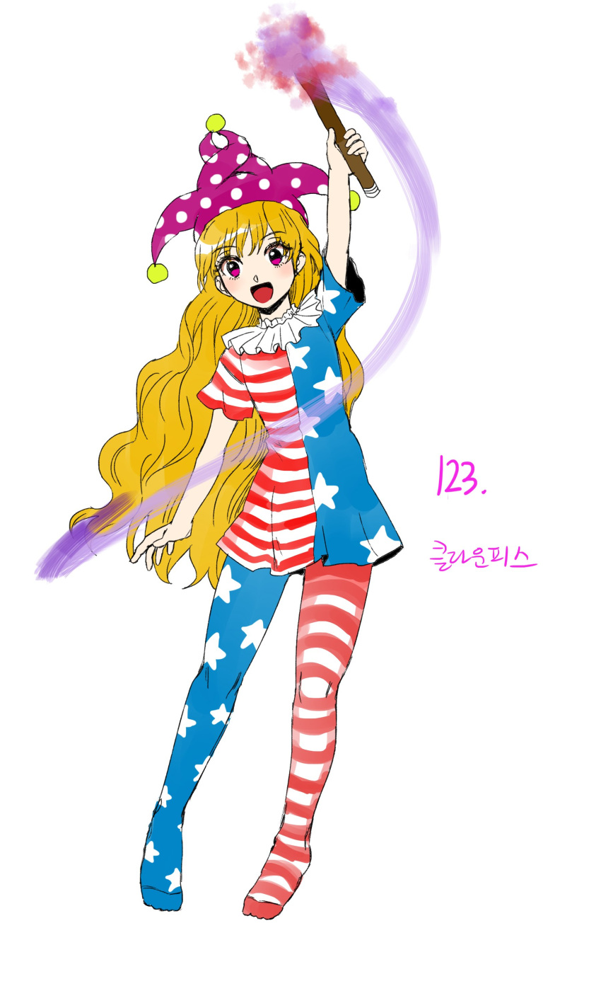1girl absurdres american_flag_dress american_flag_legwear american_flag_shirt blonde_hair clownpiece commentary_request derivative_work dress fairy full_body hat highres holding holding_torch jester_cap korean_commentary kuya_(hey36253625) legacy_of_lunatic_kingdom leggings long_hair looking_at_viewer neck_ruff no_wings open_mouth pantyhose polka_dot polka_dot_headwear purple_headwear simple_background star_(symbol) star_print striped striped_dress torch touhou translation_request very_long_hair violet_eyes white_background