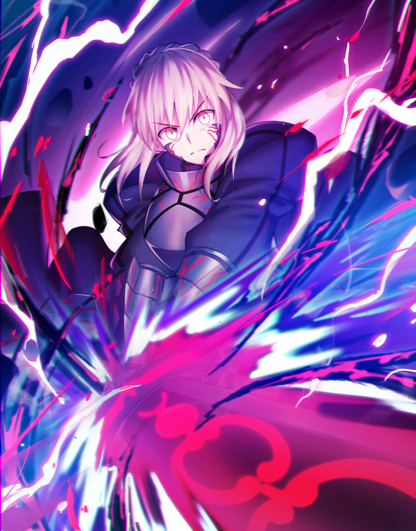 1girl absurdres armor artoria_pendragon_(fate) blonde_hair darkness dress energy excalibur_morgan_(fate) facial_mark fate/grand_order fate/stay_night fate_(series) gauntlets highres saber_alter y.m yellow_eyes