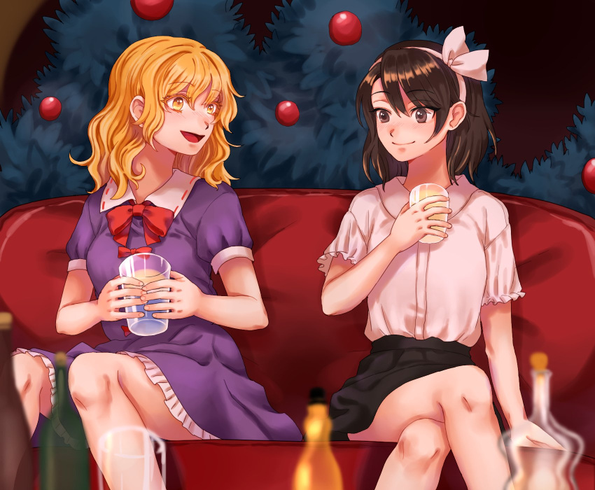 2girls apple_tree black_skirt blonde_hair bottle bow bowtie breasts brown_eyes brown_hair closed_mouth collared_dress collared_shirt commentary_request couch crossed_legs cup dateless_bar_"old_adam" derivative_work dress drinking_glass drunk eyebrows_visible_through_hair frilled_dress frills fruit_tree hairband happy highres kuya_(hey36253625) maribel_hearn medium_breasts medium_hair multiple_girls no_hat no_headwear official_alternate_costume open_mouth puffy_short_sleeves puffy_sleeves purple_dress red_bow red_bowtie ribbon shirt short_hair short_sleeves sitting skirt small_breasts smile touhou tree white_hairband white_ribbon white_shirt yellow_eyes