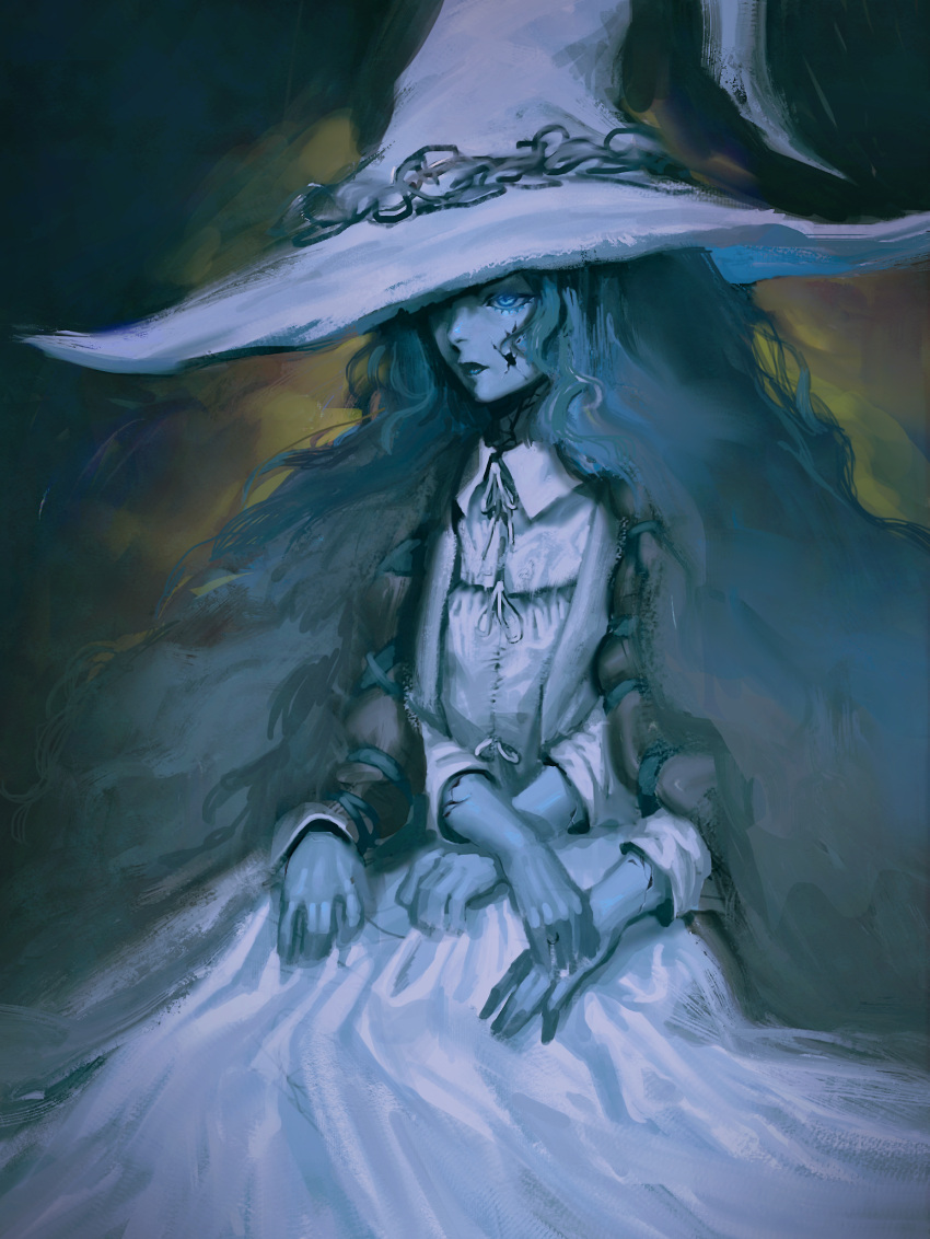 1girl blue_eyes blue_skin closed_mouth collared_dress colored_skin cracked_skin dress elden_ring extra_arms hat highres long_hair mapomap0 ranni_the_witch solo very_long_hair white_dress witch_hat
