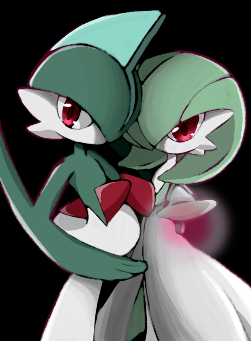 1boy 1girl arm_around_waist arm_blade arm_up bangs black_background blue_hair bob_cut colored_skin commentary_request flat_chest gallade gardevoir green_hair green_skin hair_over_one_eye hetero highres kanoi_70 looking_at_viewer mohawk multicolored_hair multicolored_skin outstretched_arm pokemon pokemon_(creature) red_eyes short_hair simple_background standing two-tone_hair two-tone_skin weapon white_skin