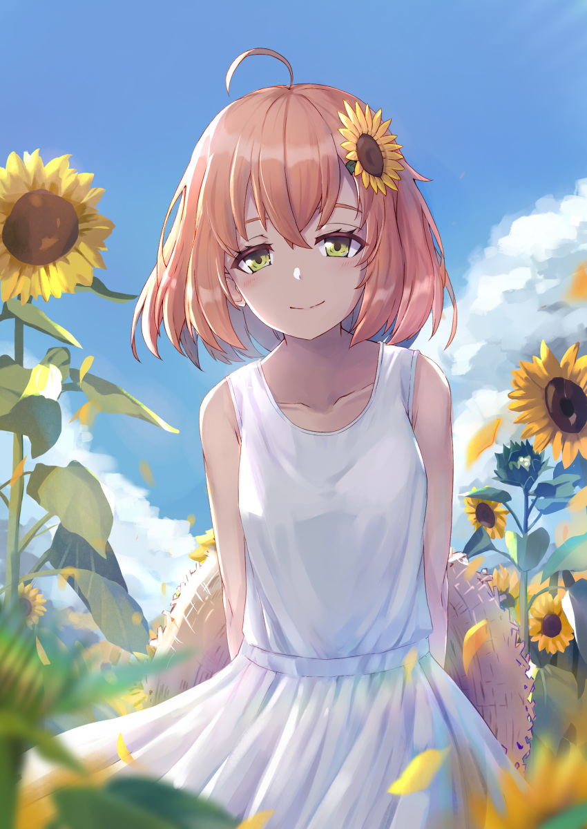 1girl absurdres ahoge aka_(440626) arms_behind_back bangs bare_arms blue_sky blush closed_mouth clouds day dress field flower flower_field green_eyes hair_between_eyes hair_flower hair_ornament hat hat_removed headwear_removed highres honma_himawari long_hair looking_at_viewer nijisanji orange_hair outdoors petals shiny shiny_hair sky sleeveless sleeveless_dress smile solo standing straight_hair straw_hat sundress sunflower virtual_youtuber white_dress yellow_flower