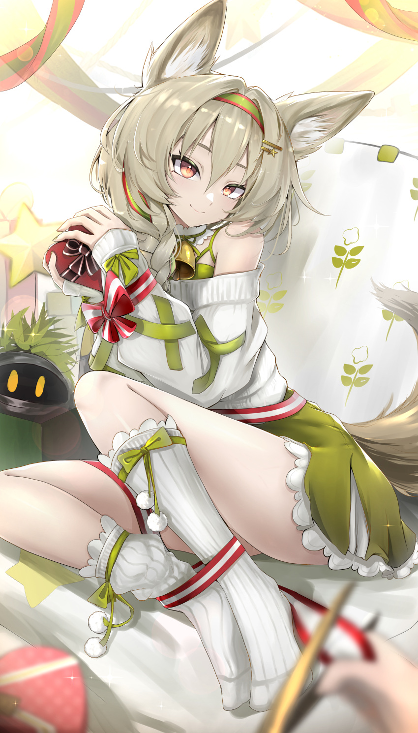 1girl absurdres animal_ear_fluff animal_ears arknights bangs beanstalk_(arknights) bell bound bow_legwear christmas commentary_request gift green_skirt grey_hair hair_between_eyes hair_ornament hairband hairclip highres holding holding_gift kneehighs looking_at_viewer medium_hair neck_bell no_shoes nopetroto off_shoulder orange_eyes ribbon ribbon_bondage sitting skirt smile solo sweater tail tail_raised white_legwear white_sweater