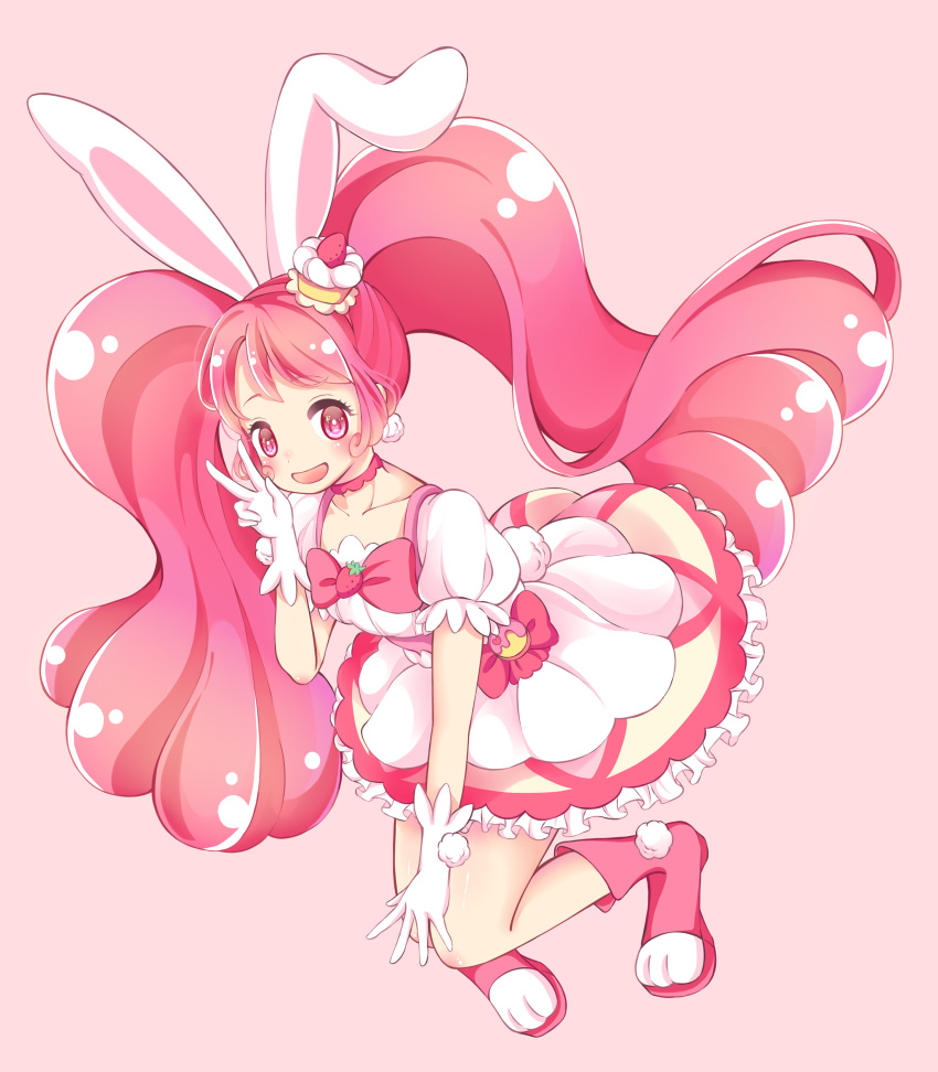 1girl absurdres animal_ears ayumin39 bow cake_hair_ornament choker cure_whip dress food-themed_brooch food-themed_clothes food-themed_hair_ornament gloves hair_ornament highres kirakira_precure_a_la_mode long_hair looking_at_viewer magical_girl open_mouth pink_background pink_eyes pink_footwear pink_hair pink_theme precure puffy_short_sleeves puffy_sleeves rabbit_ears short_dress short_sleeves simple_background smile solo twintails usami_ichika v very_long_hair waist_bow white_gloves
