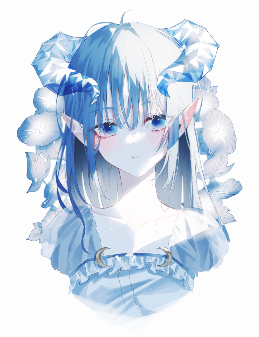 1girl absurdres bangs blue_eyes blue_hair blush cropped_shoulders crying crying_with_eyes_open demon_horns eyebrows_visible_through_hair eyes_visible_through_hair highres horns leaf long_hair looking_at_viewer original parted_lips pointy_ears portrait ryane_(yry_0) shirt simple_background solo tears white_background white_shirt
