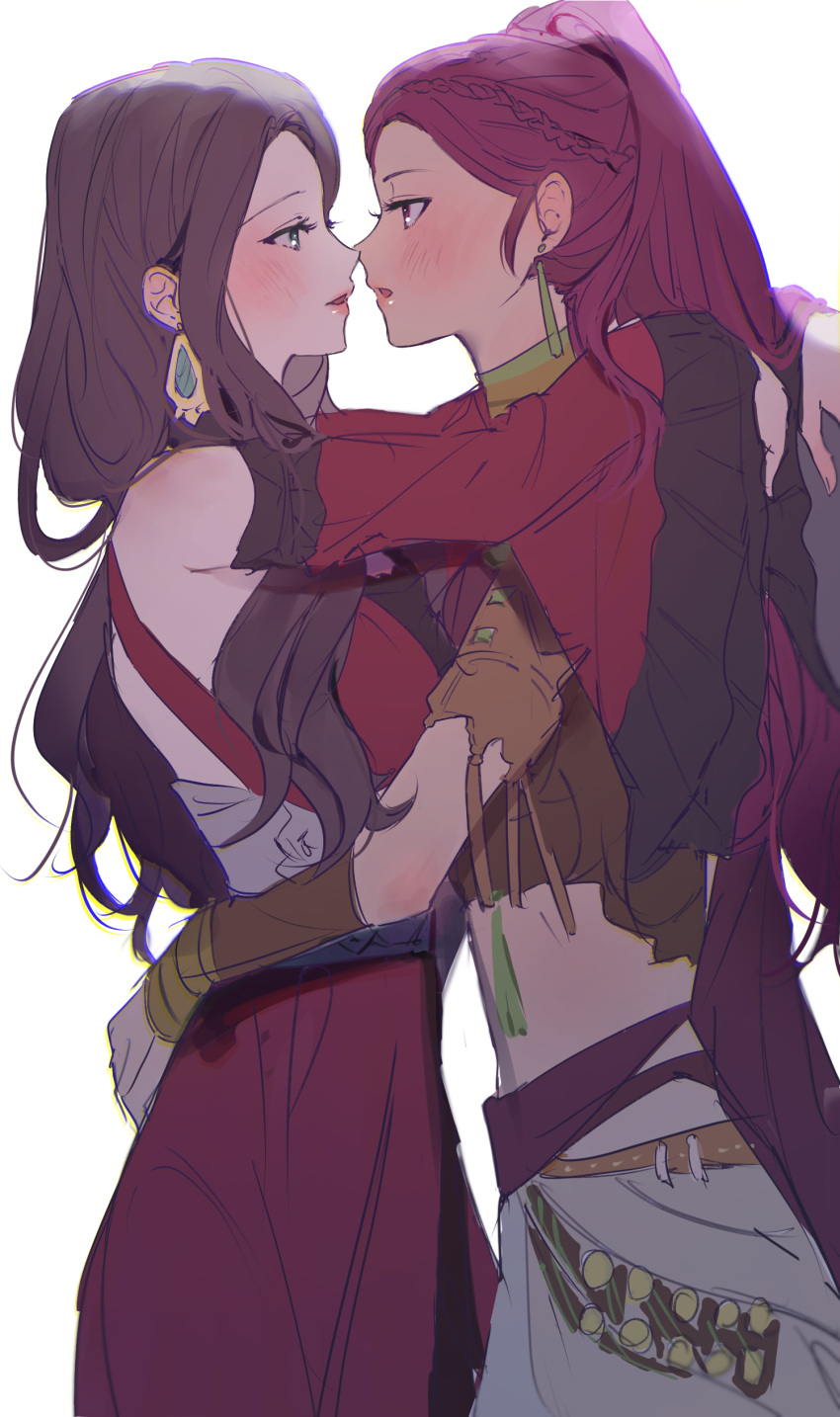 2girls absurdres arms_around_waist blush braid brown_hair couple dorothea_arnault dress eye_contact fire_emblem fire_emblem:_three_houses frilled_sleeves frills highres hug imminent_kiss l_uyp long_hair looking_at_another multiple_girls petra_macneary ponytail simple_background very_long_hair wide_sleeves yuri