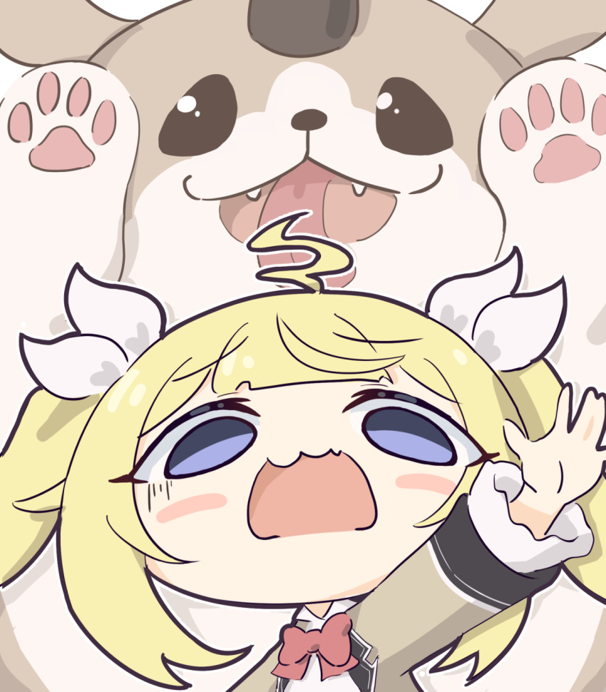 1girl \||/ ahoge arms_up bangs blonde_hair blue_eyes blush_stickers bow bowtie chibi counter:side dog eyebrows_visible_through_hair fangs furrowed_brow hair_ribbon highres long_sleeves naielle_bluesteel open_mouth outstretched_arm ribbon scared shirt tongue tongue_out twintails umihio upper_body wavy_mouth white_shirt