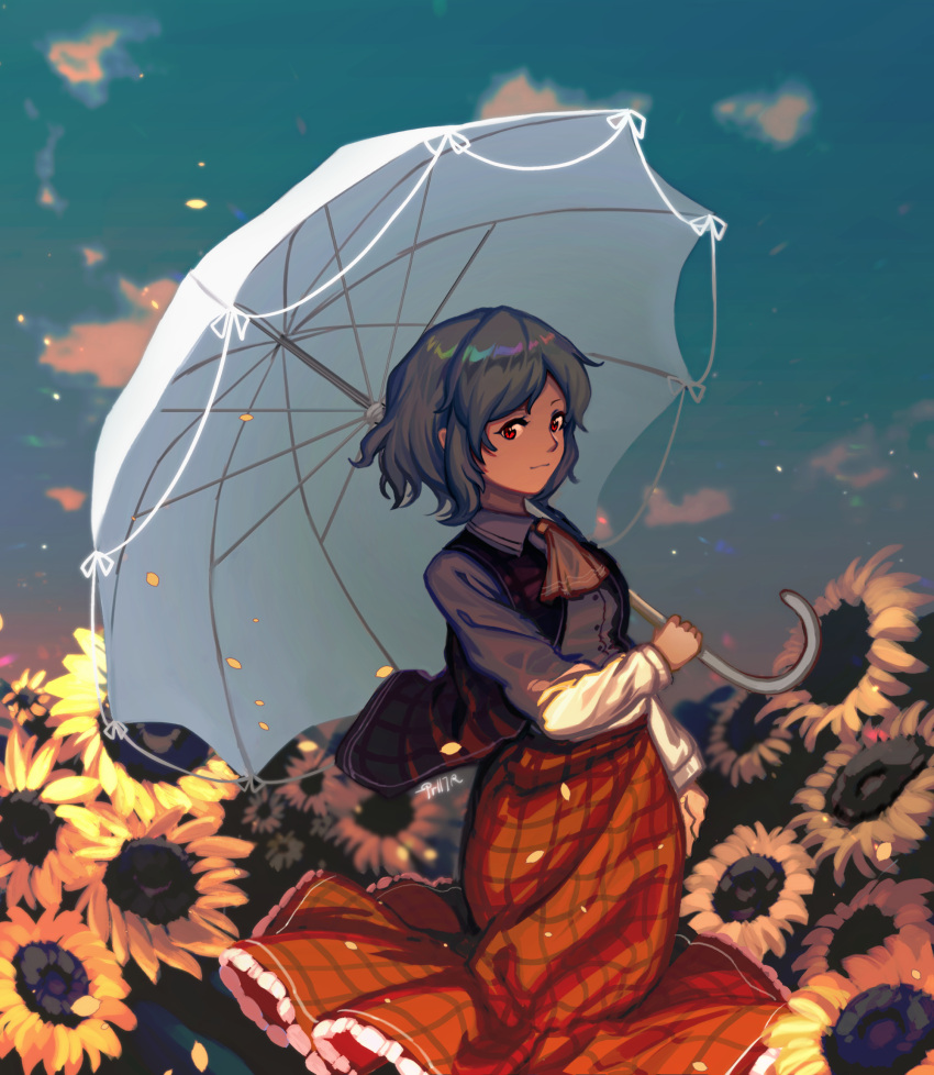 1girl ascot buttons closed_mouth clouds collared_shirt commentary cowboy_shot day eyebrows_behind_hair field flower flower_field furahata_gen green_hair highres holding holding_umbrella kazami_yuuka light_smile looking_at_viewer petals plaid plaid_skirt plaid_vest red_eyes red_skirt red_vest shirt short_hair signature skirt skirt_set sky sleeve_cuffs solo standing sunflower touhou umbrella vest white_shirt white_umbrella yellow_ascot yellow_flower