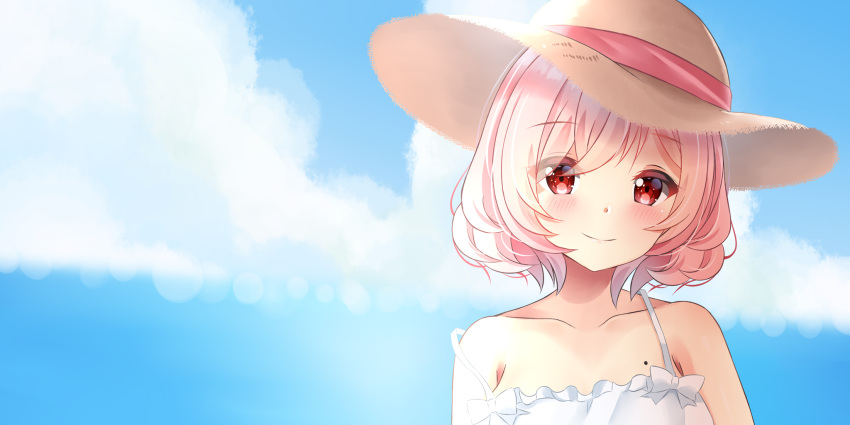 1girl blue_sky closed_mouth clouds dress eyebrows_visible_through_hair hat hat_ribbon highres looking_at_viewer maru.selinn mole_on_body original outdoors pink_eyes pink_hair pink_ribbon ribbon short_hair sky smile solo strap_slip straw_hat summer sundress upper_body white_dress