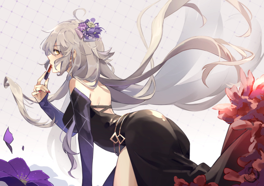 1girl a_ching ahoge applying_makeup arm_warmers black_dress closed_mouth dress fate/grand_order fate_(series) fingernails flower from_side gradient_clothes grey_hair hair_flower hair_ornament jeanne_d'arc_(alter)_(fate) jeanne_d'arc_(fate) long_hair looking_at_viewer profile purple_background purple_sleeves red_lipstick_tube red_nails solo yellow_eyes