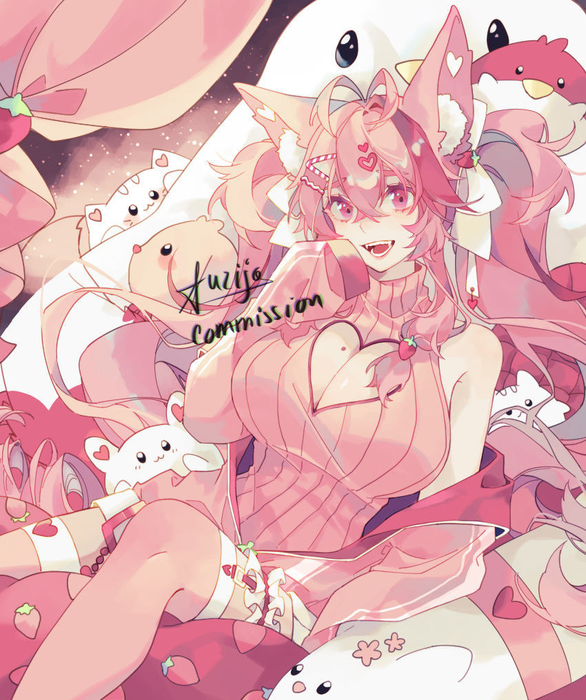 1girl ahoge animal_ears bangs breasts commission eyelashes fangs fluff fluffy food food-themed_hair_ornament fox_ears fox_girl fruit fuzijo hair_ornament highres indie_virtual_youtuber kireina_(osiimi) large_breasts no_hands open_mouth pink_eyes pink_hair pink_legwear solo strawberry strawberry_hair_ornament twintails virtual_youtuber