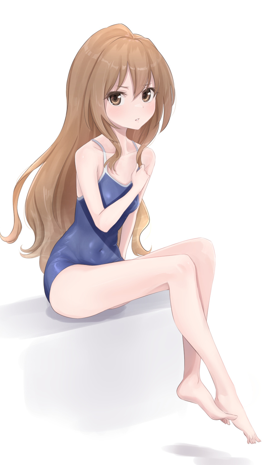 1girl absurdres aisaka_taiga arm_support bangs blaze_(blaze_pso2) blue_swimsuit breasts brown_eyes brown_hair commentary dated_commentary full_body hair_between_eyes hand_on_own_chest hand_up highres light_blush long_hair looking_at_viewer one-piece_swimsuit parted_lips simple_background sitting small_breasts solo swimsuit toradora! white_background