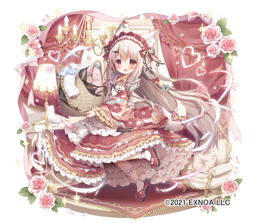 1girl :d animal_ear_fluff animal_ears bangs basket blush bow carpet chair chandelier copyright curtains dress ear_bow eyebrows_visible_through_hair floral_print flower frilled_dress frills fruits_fulcute! full_body grey_hair hair_between_eyes hair_bow hair_over_shoulder heart holding holding_basket indoors lamp leg_garter leg_up lolita_fashion long_dress long_hair long_sleeves looking_at_viewer momozu_komamochi red_eyes red_footwear scenery shoes smile solo standing table tail tail_bow tail_ornament very_long_hair wa_lolita wide_sleeves window