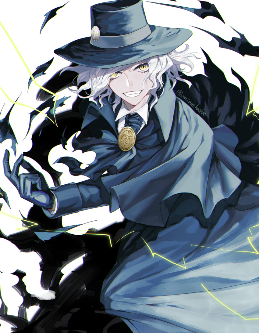 1boy amiamikaokao cape commentary_request edmond_dantes_(fate) fate/grand_order fate_(series) fedora formal gloves hand_up hat highres long_sleeves looking_at_viewer male_focus short_hair silver_hair smile solo suit teeth twitter_username upper_teeth wavy_hair white_hair yellow_eyes