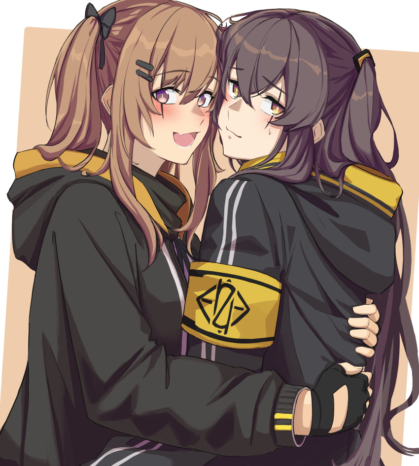 2girls 3_small_spiders absurdres bangs black_gloves black_jacket blush bow brown_eyes brown_hair closed_mouth eyebrows_visible_through_hair fingerless_gloves girls_frontline gloves hair_bow hair_ornament hairclip highres hood hooded_jacket hug hug_from_behind jacket long_hair looking_at_viewer multiple_girls open_mouth scar scar_across_eye side_ponytail simple_background smile sweatdrop twintails ump45_(girls'_frontline) ump9_(girls'_frontline) upper_body