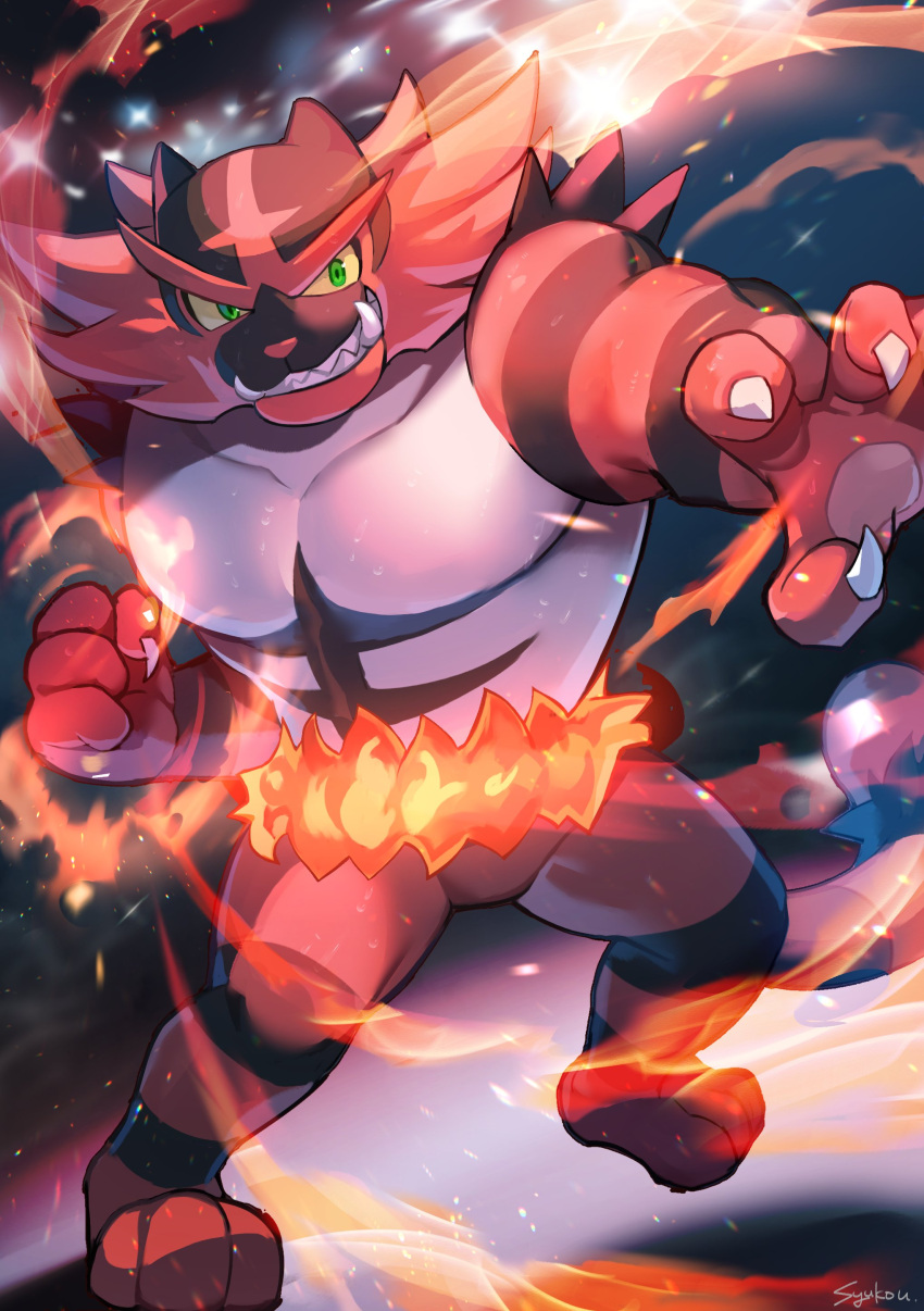 absurdres claws clenched_hand collarbone colored_sclera commentary_request fire green_eyes highres incineroar pectorals pokemon pokemon_(creature) sharp_teeth shukou_akanaru_(trabel) smile solo standing teeth yellow_sclera