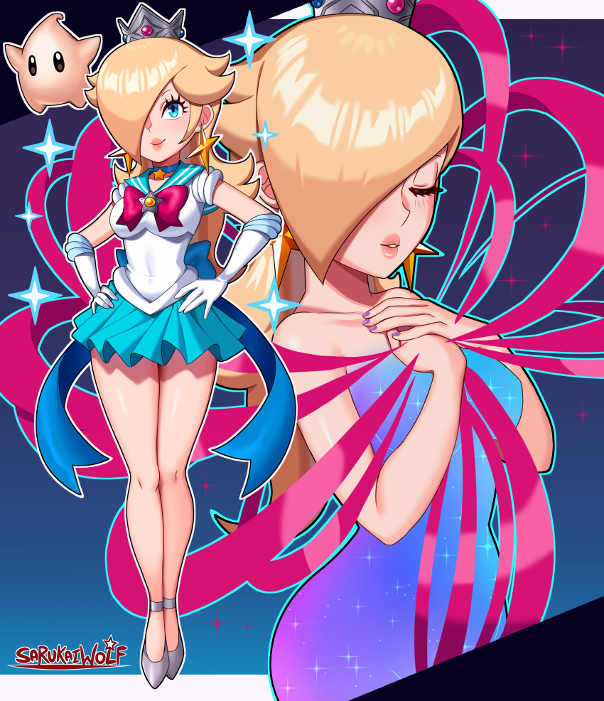 1girl absurdres alternate_costume artist_name back_bow bare_legs bishoujo_senshi_sailor_moon blonde_hair blue_eyes bow crown gloves hair_over_one_eye hands_on_hips henshin highres looking_at_viewer luma_(mario) mini_crown miniskirt pleated_skirt rosalina sailor_collar sailor_senshi_uniform sarukaiwolf skirt smile super_mario_bros. super_mario_galaxy white_gloves