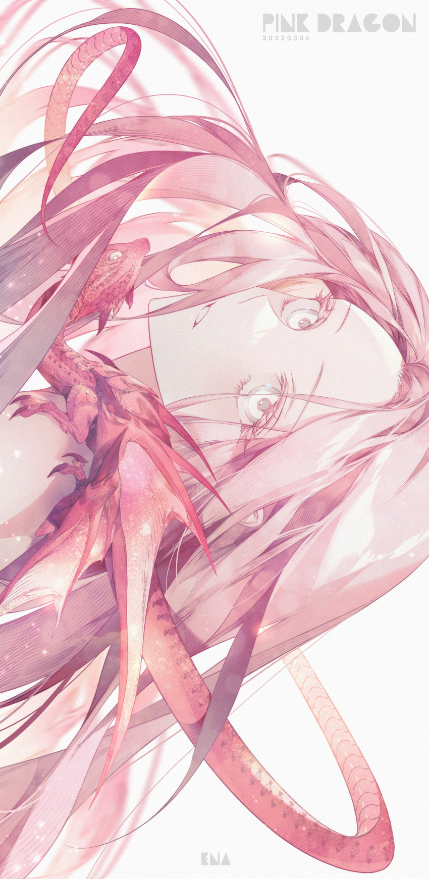 1girl absurdres artist_name close-up commentary dated dragon dragon_on_shoulder ena_(enaa97) english_commentary face highres long_hair looking_at_viewer original parted_lips pink_eyes pink_hair portrait simple_background solo teeth white_background