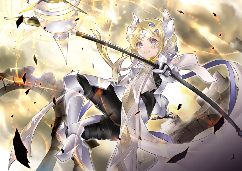 1girl :q armor armored_dress blonde_hair blue_ribbon blush breasts cape cowboy_shot dogmatika_ecclesia_the_virtuous duel_monster facial_mark forehead_mark gauntlets greaves grey_eyes hair_ornament hammer headgear holding holding_hammer pinko_(pinkuroao) ribbon second-party_source tongue tongue_out weapon yu-gi-oh!