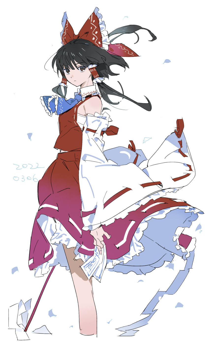 1girl absurdres ascot black_hair blue_ascot bow brown_eyes chest_sarashi collar dated detached_sleeves frilled_bow frilled_hair_tubes frills gohei hair_bow hair_tubes hakurei_reimu highres iovebly japanese_clothes looking_at_viewer medium_hair miko nontraditional_miko red_bow red_shirt red_skirt ribbon-trimmed_sleeves ribbon_trim sarashi shirt sidelocks simple_background skirt sleeveless solo touhou white_background white_collar wide_sleeves