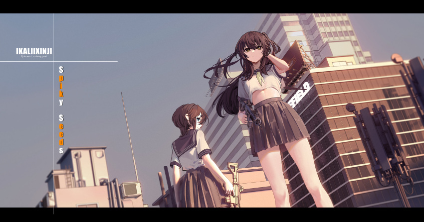 2girls absurdres air_conditioner antenna_mast arm_up artist_name bare_legs black_hair blue_eyes brown_hair building cityscape clear_sky day english_commentary facing_away facing_viewer green_eyes gun half_updo hand_in_hair highres holding holding_weapon long_hair looking_at_viewer machinery midriff_peek multiple_girls navel on_roof original school_uniform short_hair side_ponytail sky skyscraper weapon yigali_xinji