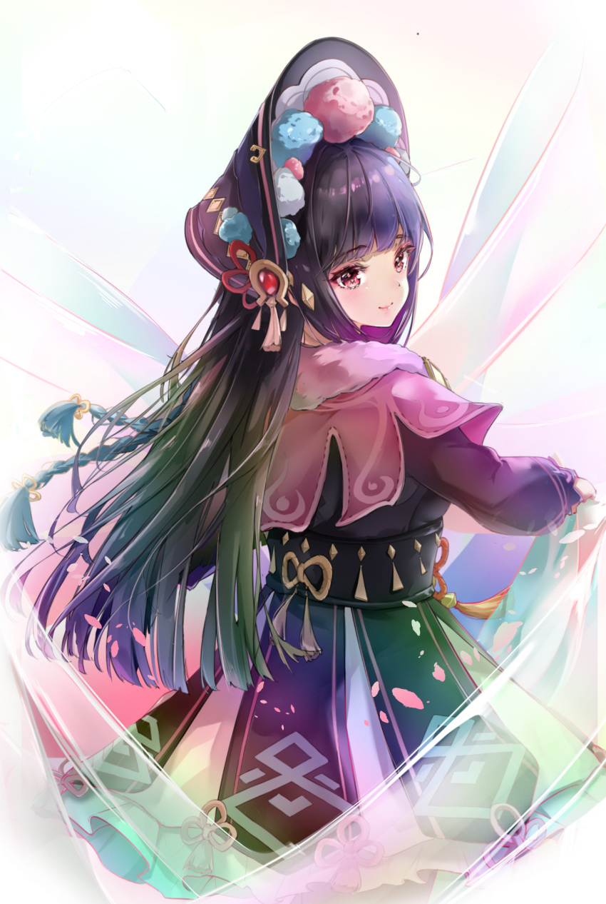 1girl bangs black_hair braid capelet closed_mouth dress eyebrows_visible_through_hair floating_hair from_behind genshin_impact highres long_hair long_sleeves looking_back pink_capelet red_eyes scup shiny shiny_hair smile solo standing very_long_hair white_background yun_jin_(genshin_impact)