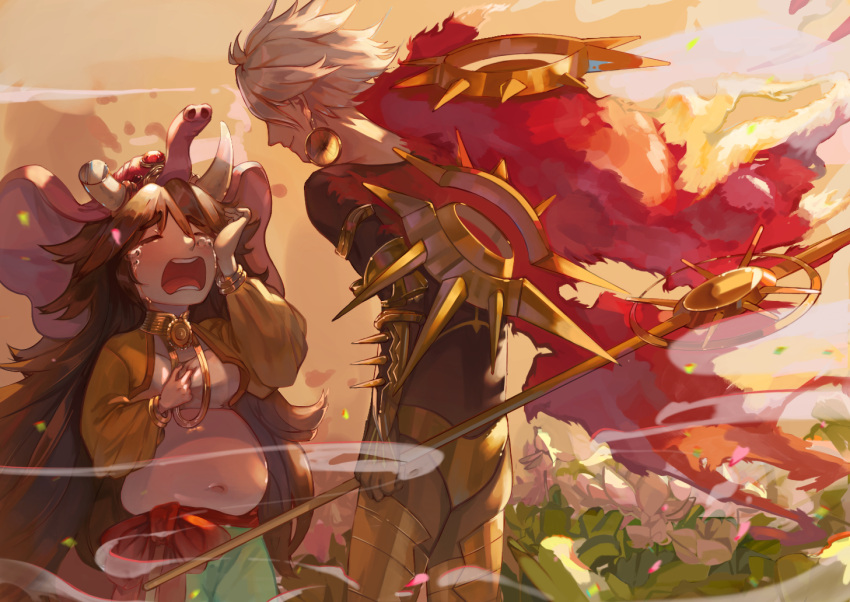 1boy 1girl armor bangs bell brown_hair cape closed_eyes commentary_request crying earrings elephant_hat fate/grand_order fate_(series) flower ganesha_(fate) holding holding_polearm holding_weapon jewelry jinako_carigiri karna_(fate) long_hair looking_at_another midriff navel notiu open_mouth plump polearm red_cape short_hair smile very_long_hair weapon white_flower white_hair
