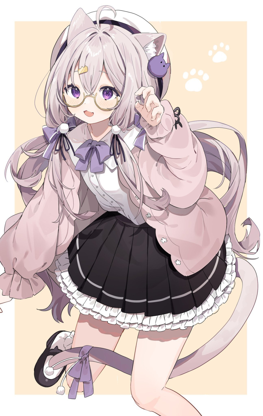 1girl :3 :d ahoge animal_ears bangs beret black_footwear black_skirt blush bow bowtie cat_ears cat_girl cat_tail claw_pose collared_shirt cowboy_shot eyebrows_visible_through_hair fang frilled_legwear frilled_skirt frills glasses hair_between_eyes hair_bow hair_ornament hat highres inu_(puputizy) light_purple_hair long_hair long_sleeves looking_at_viewer low_twintails open_mouth original pleated_skirt puffy_long_sleeves puffy_sleeves purple_bow purple_bowtie purple_ribbon ribbon semi-rimless_eyewear shirt shirt_tucked_in skin_fang skirt smile socks solo standing standing_on_one_leg symbol-only_commentary tail tail_ornament tail_ribbon twintails very_long_hair violet_eyes white_headwear white_legwear white_shirt