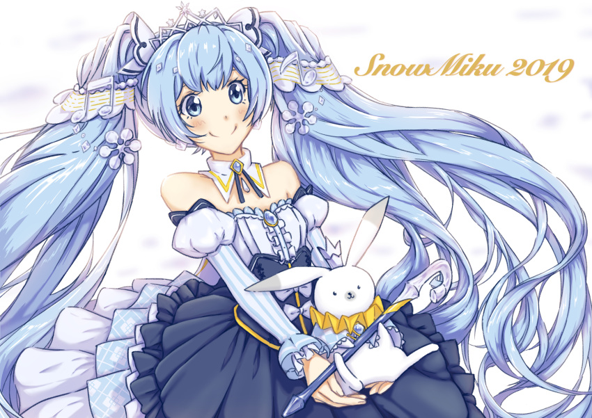 1girl 1other [ch]^2 amulet animal bare_shoulders beamed_eighth_notes blue_dress blue_eyes blue_hair blush cane center_frills closed_mouth crown detached_collar detached_sleeves dress earrings frills hair_ornament hatsune_miku highres holding holding_animal holding_cane jewelry long_hair musical_note musical_note_hair_ornament puffy_detached_sleeves puffy_sleeves rabbit rabbit_yukine smile snowflake_hair_ornament strapless strapless_dress striped_sleeves twintails very_long_hair vocaloid yuki_miku yuki_miku_(2019)