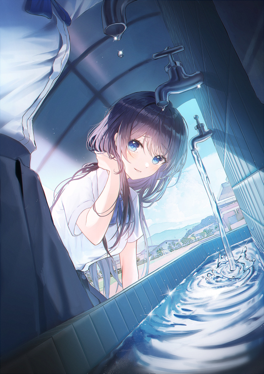 1girl 2girls absurdres bangs blue_eyes blue_ribbon blue_skirt breasts brown_hair clouds cloudy_sky collared_shirt dutch_angle eyebrows_visible_through_hair faucet hand_in_hair highres large_breasts light_particles long_hair looking_at_viewer momimi multiple_girls neck_ribbon original out_of_frame parted_lips pleated_skirt ribbon school_uniform shirt short_sleeves sidelocks skirt sky smile swept_bangs very_long_hair water water_drop white_shirt
