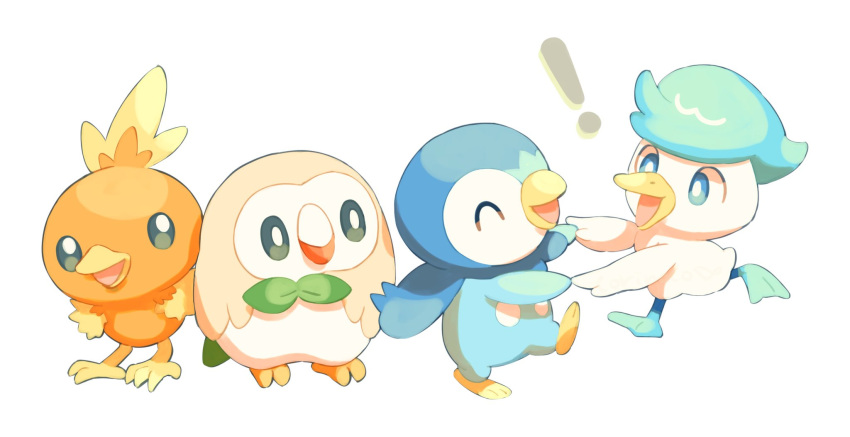 ! ^_^ blue_eyes bright_pupils closed_eyes commentary_request highres holding_hands no_humans open_mouth piplup pokemon pokemon_(creature) quaxly rowlet simple_background smile torchic torinoko_(miiko_draw) white_background white_pupils