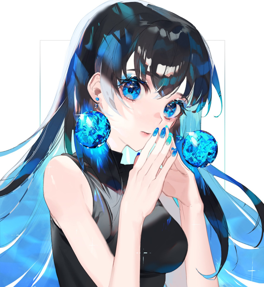 1girl bangs bare_shoulders black_hair black_shirt blue_eyes blue_hair blue_nails breasts closed_mouth colored_inner_hair commentary earrings eyebrows_behind_hair eyelashes fingernails fingers_together glint hair_between_eyes hands_up highres jewelry lips long_hair looking_at_viewer medium_breasts multicolored_hair nail_polish original refraction sapphire_(gemstone) shirt sleeveless sleeveless_shirt solo sparkle sparkling_eyes symbol-only_commentary turtleneck upper_body white_background zumi_(neronero126)