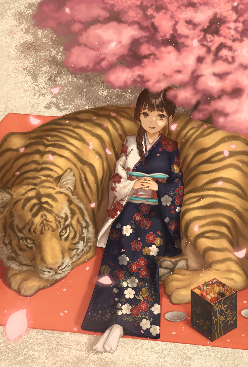 1girl :d absurdres bangs bento blue_kimono box braid brown_eyes brown_hair buraki cherry_tree eyebrows_behind_hair falling_petals fingers_together floral_print food from_above full_body hands_on_own_stomach highres japanese_clothes kimono leaning_on_animal original outdoors petals single_braid smile tiger white_kimono white_legwear wide_sleeves