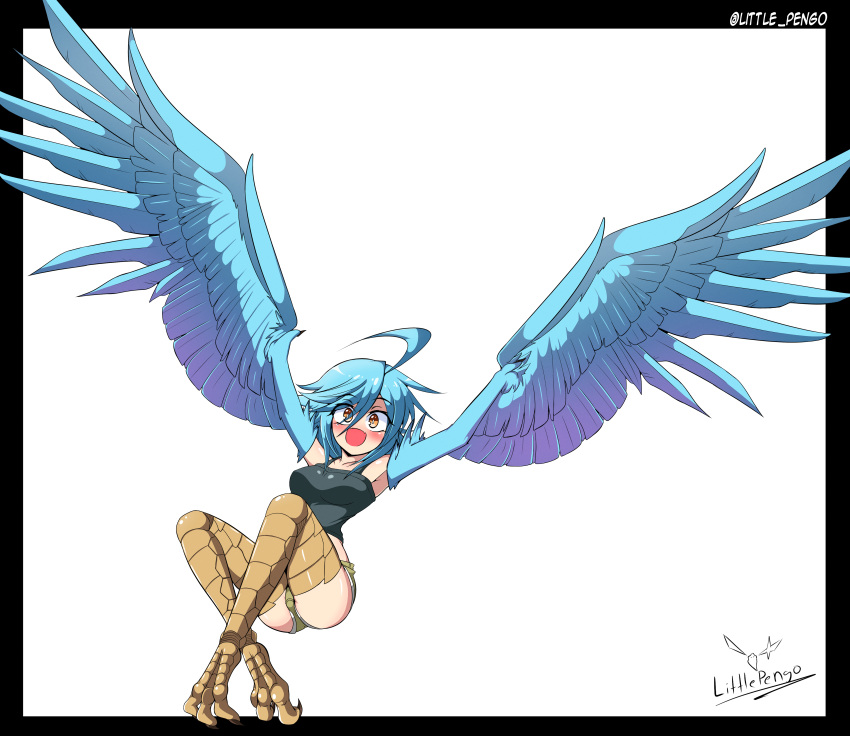 1girl absurdres ahoge artist_name bare_shoulders bird_legs black_border black_tank_top blue_hair blue_wings blush border breasts commentary english_commentary eyebrows_visible_through_hair feathered_wings feathers hair_between_eyes harpy highres littlepengo medium_breasts medium_hair monster_girl monster_musume_no_iru_nichijou open_mouth papi_(monster_musume) short_shorts shorts simple_background solo talons tank_top white_background winged_arms wings yellow_eyes