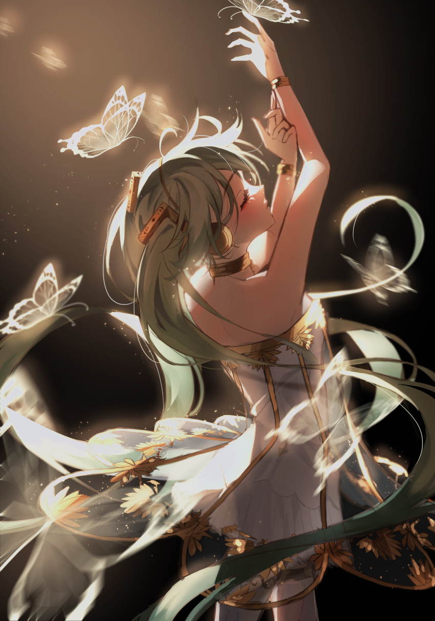 1girl absurdres ahoge arms_up bangs bare_arms bare_shoulders black_background blue_hair bracelet bug butterfly choker closed_eyes commentary cowboy_shot dress english_commentary floating_hair from_side hair_ornament hatsune_miku headphones highres jewelry light_particles long_hair miku_symphony_(vocaloid) profile ryane_(yry_0) solo standing strapless strapless_dress twintails very_long_hair vocaloid white_dress white_legwear yellow_choker