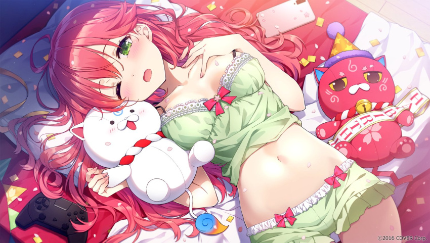 1girl 2others 35p_(sakura_miko) amagai_tarou bed blush breasts camisole cellphone controller game_controller green_camisole green_eyes green_shorts hand_on_own_chest hololive kintoki_(sakura_miko) long_hair lying mascot messy_hair multiple_others navel official_art on_back one_eye_closed open_mouth phone redhead sakura_miko short_shorts shorts sleepwear sleepy smartphone strap_slip thigh_gap virtual_youtuber