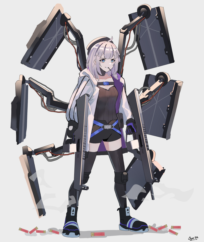 1girl aa-12 aa-12_(girls'_frontline) absurdres ahoge bangs beret black_footwear black_gloves black_headwear black_legwear black_shirt black_shorts blue_eyes breasts commentary drum_magazine dual_wielding english_commentary food food_in_mouth gar32 girls_frontline gloves grey_background grey_hair grin gun hat highres holding holding_gun holding_weapon hood hood_down hooded_jacket jacket long_sleeves looking_away magazine_(weapon) mouth_hold object_namesake open_clothes open_jacket pocky puffy_long_sleeves puffy_sleeves ribbed_shirt shirt shoes short_shorts shorts shotgun shotgun_shell small_breasts smile solo thigh-highs trigger_discipline weapon white_jacket