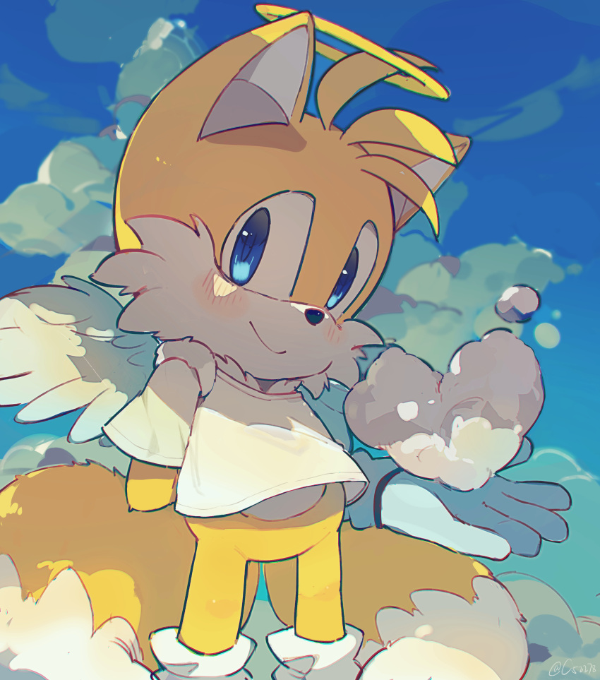 1boy absurdres angel animal_nose blue_eyes blue_sky blush c52278 closed_mouth clouds fox_boy fox_tail furry furry_male gloves highres looking_at_viewer male_focus multiple_tails shirt short_sleeves sky smile solo sonic_(series) tail tails_(sonic) two_tails white_gloves white_shirt wings