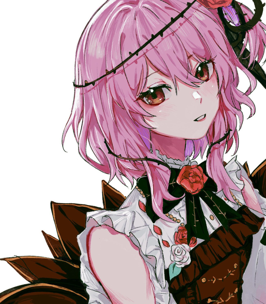 1girl bad_id bad_twitter_id bangs blush breasts clothing_cutout dress eyebrows_behind_hair flower from_side hair_flower hair_ornament head_tilt highres looking_at_viewer mei_(adomanju) nijisanji nijisanji_en parted_lips pink_hair plant red_dress red_flower red_rose rose rosemi_lovelock short_sidetail shoulder_cutout small_breasts solo thorns upper_body vines virtual_youtuber white_background