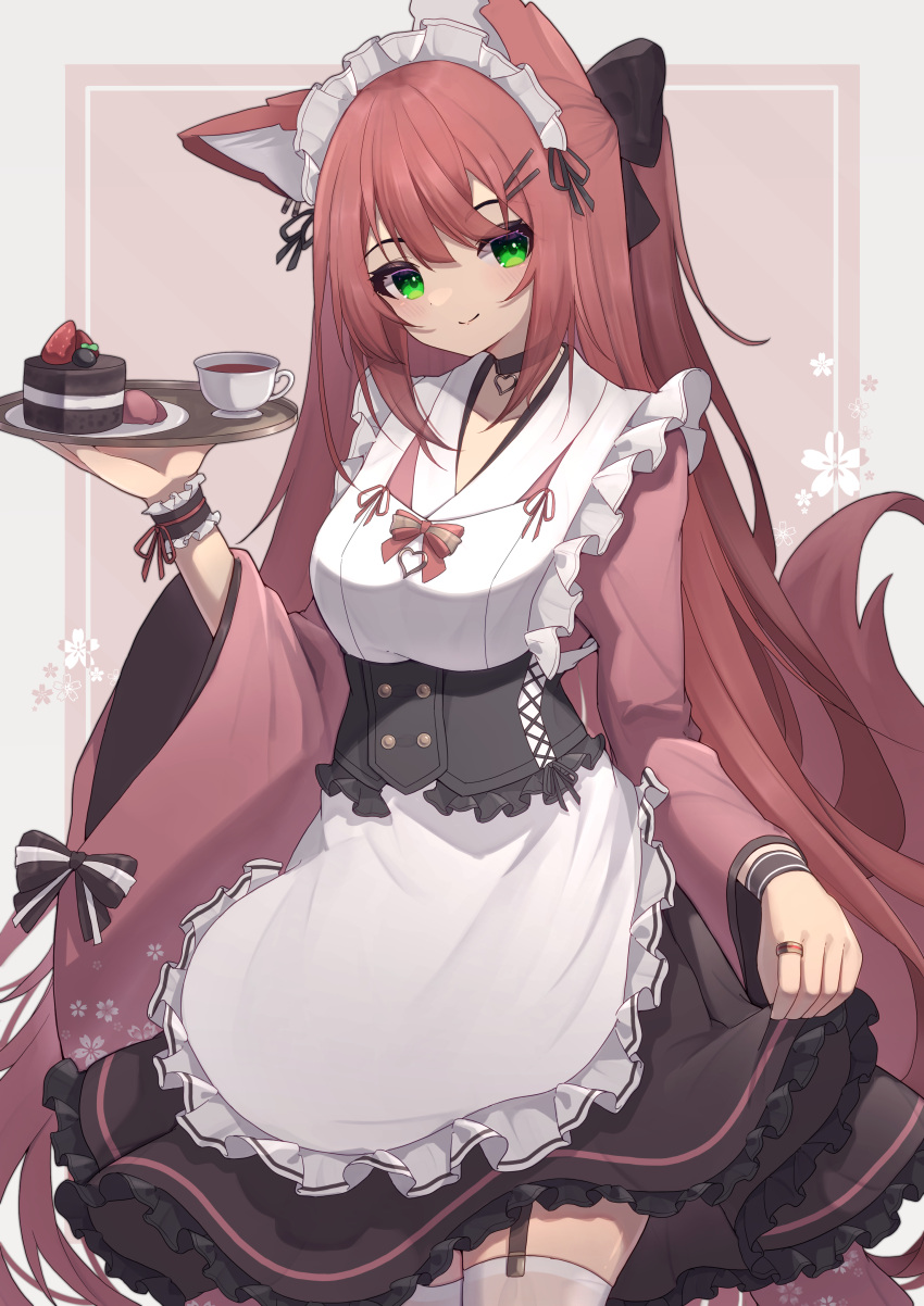 1girl absurdres animal_ears apron bangs black_bow bow breasts cake chocolate_cake choker closed_mouth corset cropped_legs cup desert dress food fox_ears frilled_apron frilled_cuffs frilled_dress frills fruit garter_straps green_eyes hair_bow half_updo heart heart_choker highres hinata_(user_rjkt4745) holding holding_tray japanese_clothes jewelry kimono long_hair looking_at_viewer maid_apron maid_headdress medium_breasts original red_kimono redhead ring skirt_hold smile solo strawberry tea teacup thigh-highs tray very_long_hair wa_maid white_apron white_legwear wide_sleeves wrist_cuffs