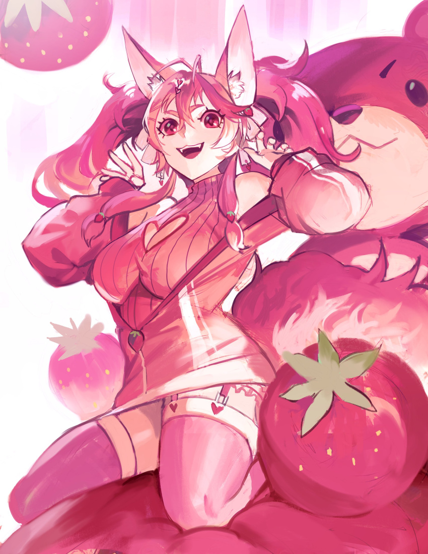 1girl absurdres ahoge animal_ears bangs breasts fang fluffy food food-themed_hair_ornament fox_ears fox_girl fruit hair_between_eyes hair_ornament highres indie_virtual_youtuber kireina_(osiimi) kupikuuu large_breasts large_tail looking_at_viewer open_mouth pink_eyes pink_hair pink_legwear solo strawberry strawberry_hair_ornament stuffed_animal stuffed_toy tail teddy_bear thick_eyebrows virtual_youtuber