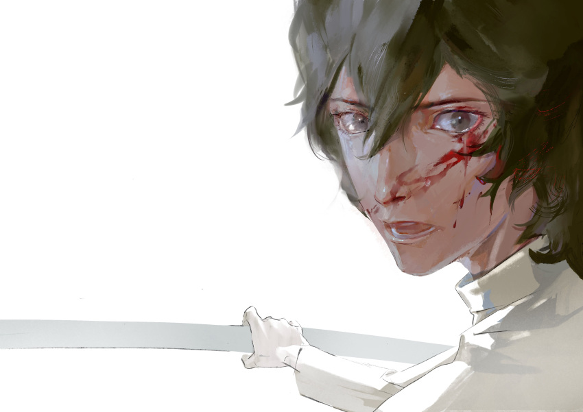 1boy absurdres arjuna_(fate) bangs black_hair blood blood_on_face commentary dark-skinned_male dark_skin fate/grand_order fate_(series) gloves hair_between_eyes highres holding male_focus open_mouth short_hair siyemmm solo white_gloves