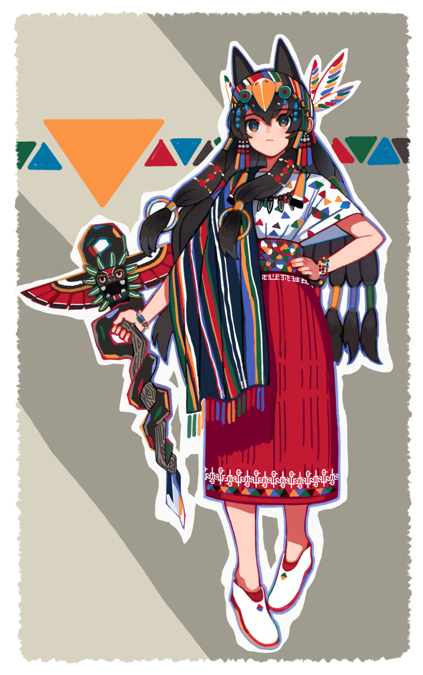 1girl animal_ears bangs black_hair blue_eyes bracelet closed_mouth colored_stripes commentary_request earrings feather_hair_ornament feathers full_body grey_background hair_ornament hairband hand_on_hip highres holding holding_staff jewelry long_hair long_skirt looking_at_viewer low-tied_long_hair multicolored_hairband nail_polish original outline print_shirt red_skirt shirt shoes short_sleeves sidelocks skirt smile solo staff striped striped_cape totem_pole triangle triangle_print tribal very_long_hair white_footwear white_outline white_shirt window1228 yellow_nails